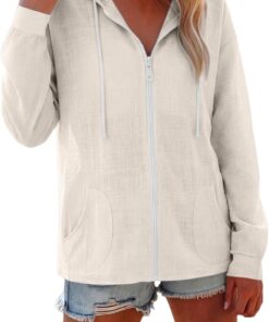 Sudadera con capucha para mujer, ligera, casual, de manga larga, con cremallera completa, de lino, para verano, playa, con bolsillo