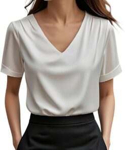 Blusas de satén para mujer, blusas de seda de manga corta, cuello en V metálico, mangas abombadas, camisas fruncidas, camisetas casuales de negocios