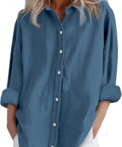 Camisas y blusas de lino para mujer, de manga larga, con botones, tallas grandes, básicas, para oficina, trabajo