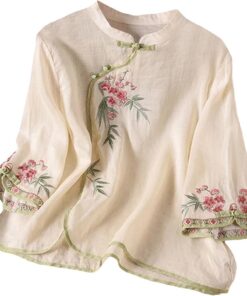 Camisas de algodón y lino de manga 3/4 para mujer, blusa tradicional con botones de rana china, cuello mandarín, blusa de verano
