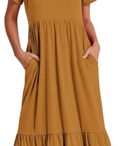 Vestido de verano de manga corta con cuello redondo, vestido largo casual con vuelo, vestido largo de playa escalonado para mujer, vestidos cómodos con bolsillos