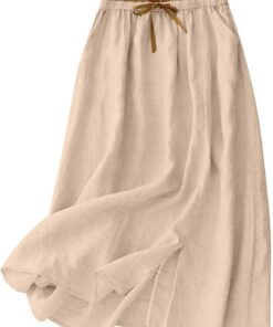 Falda midi de lino y algodón para mujer, estilo informal, con lazo elástico en la cintura y bolsillos, falda dividida de verano, falda para mujer, para vacaciones, uso diario 2026