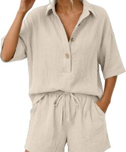 Genérico Conjuntos Mujer Verano Casual Dos Piezas Pantalon Cortos y Blusa Elegante Conjunto Lino Chándal Camisa Manga Corta Conjunto de Verano Ropa de Playa Chandal con Bolsillos