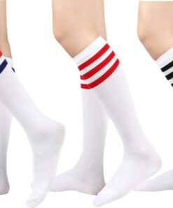 Calcetines altos hasta el muslo para mujer, hasta la rodilla, calcetines deportivos atléticos para correr, calcetines largos con triple rayas, medias casuales