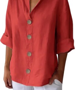 Camisa de Algodón y Lino con Botones para Mujer Verano Color Sólido Blusa Suelta de Manga 3/4 con Cuello en V Camiseta Elegante Tops Talla Grande tee Shirt Camisas Informal