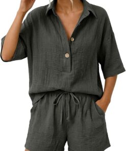 Genérico Conjuntos Mujer Verano Casual Dos Piezas Pantalon Cortos y Blusa Elegante Conjunto Lino Chándal Camisa Manga Corta Conjunto de Verano Ropa de Playa Chandal con Bolsillos