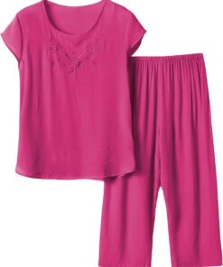 Conjunto de pijama de lino y algodón de 2 piezas para mujer, camiseta bordada de manga corta con pantalones capri, ropa de dormir suave y holgada para verano, talla grande