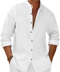 Camisas casuales de lino para hombre, manga 3/4, con botones, cuello con bandas, camisa de playa de verano