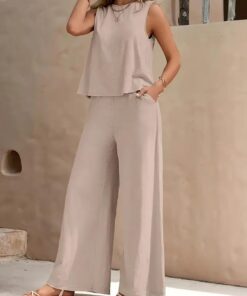 Conjunto de descanso de 2 piezas para mujer, cuello redondo, sin mangas, pantalones de pierna ancha, atuendo casual de verano para uso diario, viajes o fiestas, Beige, Medium