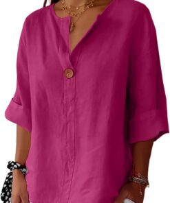 Camisas de lino para mujer, manga 3/4, botones, cuello en V, blusas informales, cómodas y transpirables, camisetas de trabajo de verano