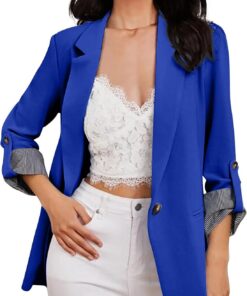 HUIFUAO - Trajes y blazers para mujer, chaquetas de traje de negocios, talla grande, cárdigan abierto al frente, manga larga, para oficina, trabajo, abrigos, ligeros, Z11 Azul, L
