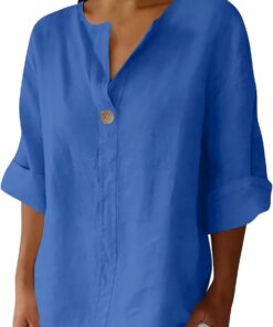Blusa de verano de lino y algodón para mujer, blusas de cuello en V con muesca, estilo casual, holgada, manga 3/4, blusa larga para mujer, talla grande, Henley Today 2025
