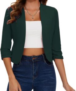 Blazer corto para mujer, trajes y blazers sin cuello, chaquetas con frente abierto, manga fruncida 3/4, ropa exterior, cárdigan de medio lino