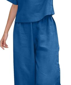 Conjunto de 2 piezas para mujer, algodón y lino, manga corta, cuello redondo, pantalones de pierna ancha, ropa ligera para verano, playa, vacaciones