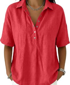 Blusa de lino y algodón para mujer, de verano, media manga, cuello en V, gasa, elegante, casual, para el verano