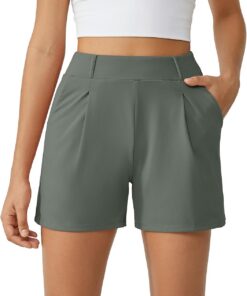 G4Free Pantalones cortos de moda para mujer, elegantes, informales, de cintura alta, plisados, con bolsillos