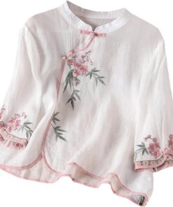 Camisas de algodón y lino de manga 3/4 para mujer, blusa tradicional con botones de rana china, cuello mandarín, blusa de verano