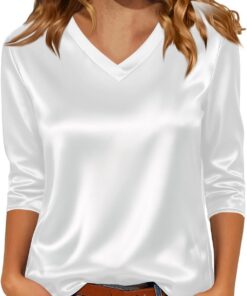 Blusas de satén para mujer, manga 3/4, de seda, cuello en V, camisas de vestir, estilo casual, holgadas, para negocios, trabajo, oficina