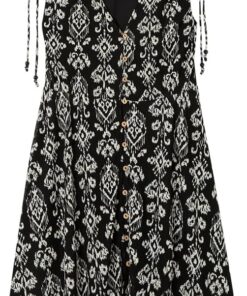 Springfield Short Sleeve Less Printed Black Dress with V Neck and Buttons On The Front Vestido con Escote En V Mujer