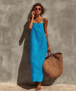 Cárdigan largo para mujer con escote cuadrado y tirantes para un vestido casual, perfecto para vacaciones en la playa y uso diario