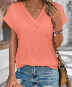 Camisetas de verano para mujer, cuello en V, lisas, de manga corta, holgadas, a la moda, estilo casual