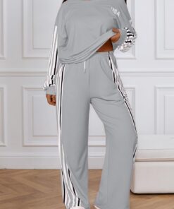 Conjunto deportivo de 2 piezas para mujer, pantalones de pierna ancha a rayas, camisas básicas, trajes casuales