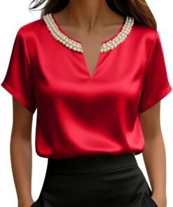 Blusas de satén para mujer, blusas de seda de manga corta, cuello en V metálico, mangas abombadas, camisas fruncidas, camisetas casuales de negocios