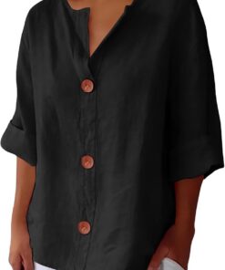 Camisa de Algodón y Lino con Botones para Mujer Verano Color Sólido Blusa Suelta de Manga 3/4 con Cuello en V Camiseta Elegante Tops Talla Grande tee Shirt Camisas Informal