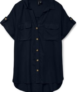 Camisa de Mujer de Manga Corta a Rayas con Bolsillos en el Pecho y Botones
