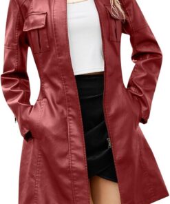 Generisch Chaqueta de cuero para mujer de longitud media con cinturón, manga larga, chaqueta cortavientos británica, abrigo de cuero