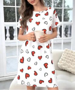 Vestido de dormir para mujer, estampado de corazón, suave, de manga corta, para descansar y relajarse, ropa de descanso cómoda