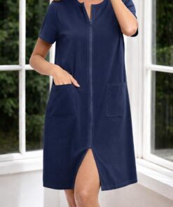 Bata con cremallera para mujer, camisón de manga corta con cremallera frontal, vestido de dormir con bolsillos, ropa de dormir para uso diario en el hogar