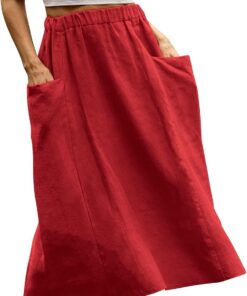 Falda midi de lino y algodón para mujer, falda de verano casual de cintura alta elástica con bolsillos, My Orders Today's Deals 2025 Sale Liquidación por debajo de la rodilla faldas para mujer