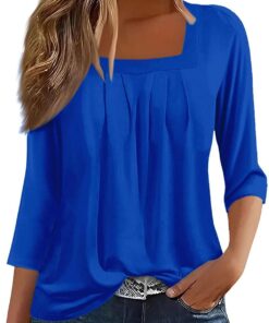 Blusas Mujer Color Sólido Blusas Informal Plisada de Mangas 3/4 con Cuello Cuadrado Blusa Suelta Camiseta Elegante Camisa Suelto Túnica Básico Tops Casual Shirt