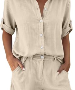 Conjunto de 2 piezas de lino y algodón para mujer, blusa de manga corta con botones y pantalones cortos de pierna ancha, conjunto casual de gran tamaño con bolsillos para ropa de descanso de verano y