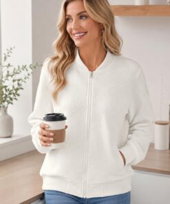 Chaqueta bomber texturizada para mujer, abrigo casual ligero con cremallera, trajes casuales de negocios para ropa de primavera y otoño