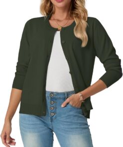 GRECERELLE Cárdigan suave de verano para mujer, bonito y ligero, cuello redondo, manga larga, suéter de punto sólido, suéteres casuales con botones para mujer, noches de verano y citas