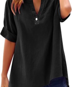 Camisas de lino para mujer, talla grande, de manga corta, con botones, blusas de verano 2026, casuales, holgadas, cómodas, de gasa de algodón