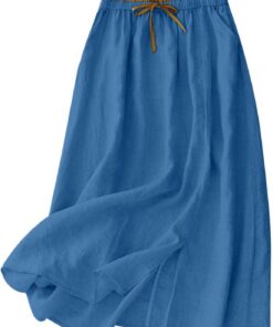 Falda midi de lino y algodón para mujer, estilo informal, con lazo elástico en la cintura y bolsillos, falda dividida de verano, falda para mujer, para vacaciones, uso diario 2026
