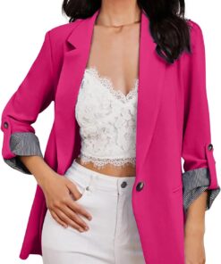 HUIFUAO - Trajes y blazers para mujer, chaquetas de traje de negocios, talla grande, cárdigan abierto al frente, manga larga, para oficina, trabajo, abrigos, ligeros, Z11 Rosa intenso, S
