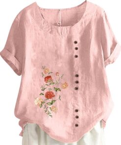 Camisa de algodón y lino con botones de verano para mujer, talla grande, con estampado floral, blusa de manga corta y cuello redondo