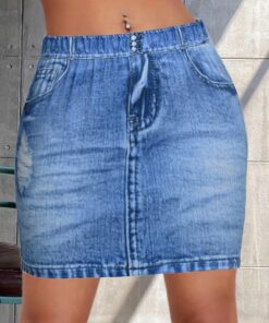 Falda corta elástica de cintura alta para mujer, estilo vaquero falso, estampado casual, falda lápiz