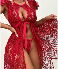 Conjunto de lencería sexy para mujer, 3 piezas, de encaje, para cosplay, con kimono de malla, bata y camisón