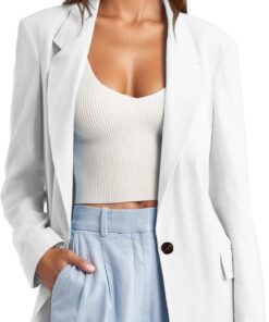 HUIFUAO Blazers para mujer, talla grande, cuello en V, traje de trabajo, chaqueta de trabajo, elegante, casual, manga larga, 1 botón, solapa con bolsillo, Z21 Blanco, XL