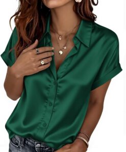 Zeagoo Blusa de Seda para Mujer, de Manga Corta, de satén, con Botones, Informal, Holgada, Cuello en V, para Negocios, Trabajo, Trabajo
