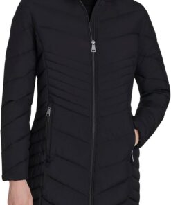 Calvin Klein Hooded Chevron Quilt Puffer Coat – Slimming Longline Winter Jacket Parka Mujer (Pack de 1)