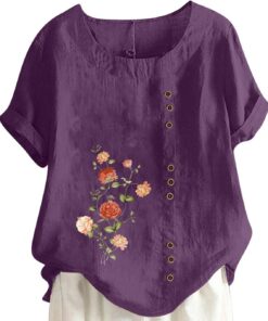 Camisa de algodón y lino con botones de verano para mujer, talla grande, con estampado floral, blusa de manga corta y cuello redondo