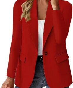 HUIFUAO - Blazer para mujer, cuello en V, talla grande, traje de trabajo, chaqueta elegante, manga larga, abrigos de otoño, 1 botón, solapa, rosso, S