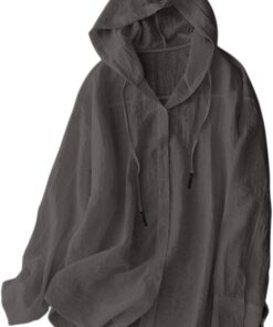 Camisas de lino y algodón con protección solar para mujer, sudadera con capucha de gran tamaño, casual, holgada, de manga larga, con botones, con capucha, para verano, playa, ligera, chaquetas
