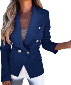HUIFUAO - Blazer de doble botonadura para mujer, chaquetas de traje negro, para negocios, casual, otoño, solapa con botones, abrigos de manga larga para exteriores